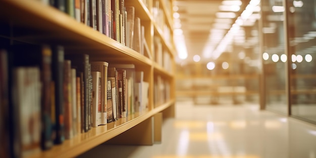 estantería en la biblioteca detrás de la mesa borrosa día mundial del libro