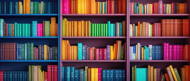 Estantería colorida como fondo brillante de la biblioteca del hogar