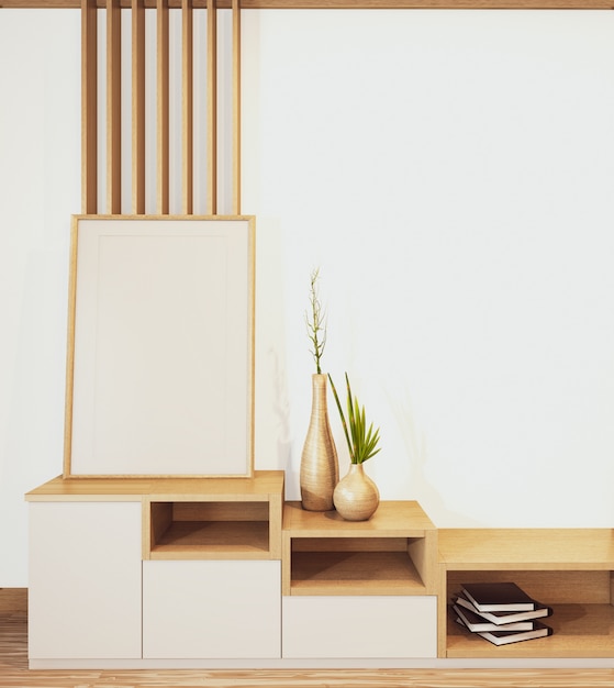 Estantería de gabinete de diseño de estilo japonés de madera en habitación vacía representación mínima en 3D