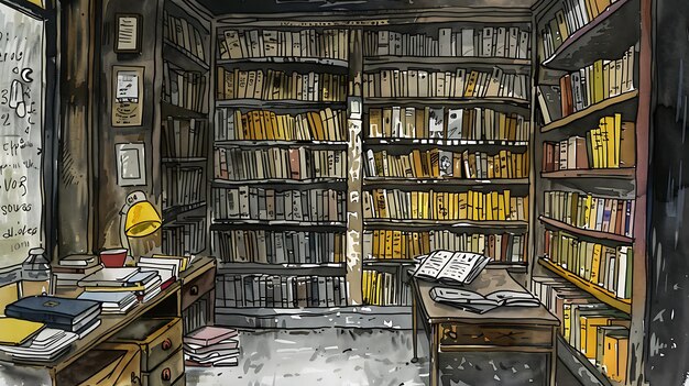 una estantería con un letrero que dice "el nombre de la biblioteca"