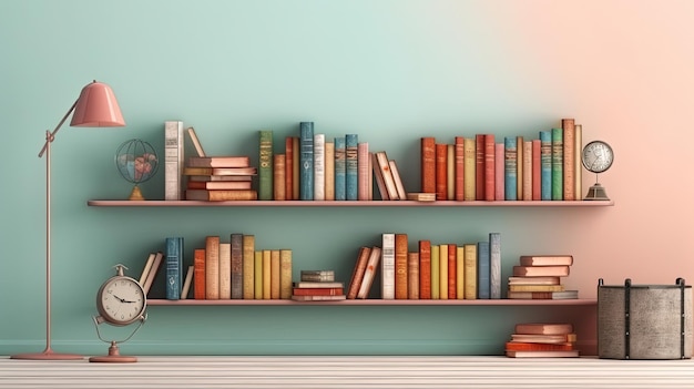 Estantería con libros en fondo de pared de color pastel IA generativa