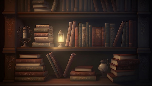 Una estantería con libros y una lámpara que dice la palabra.