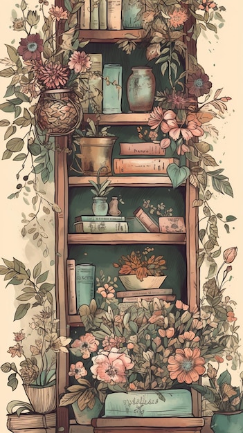 Una estantería con libros y plantas.