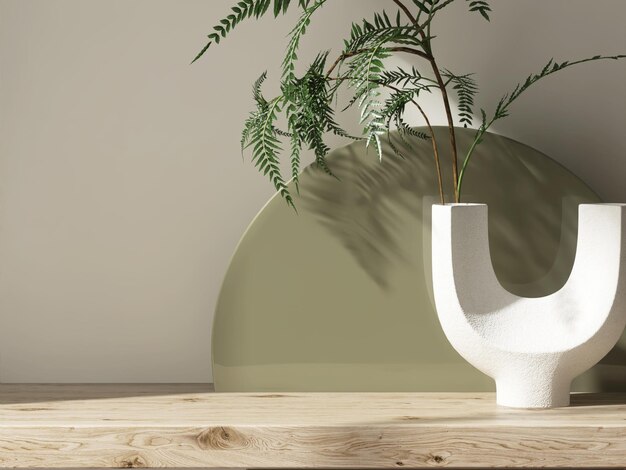 Estantería de madera con moderna planta de círculo abstracto verde oliva brillante en el jarrón en el fondo a la luz del sol en pared blanca crema lujo cosmético orgánico cuidado de la piel cuidado del cuerpo producto de belleza 3D