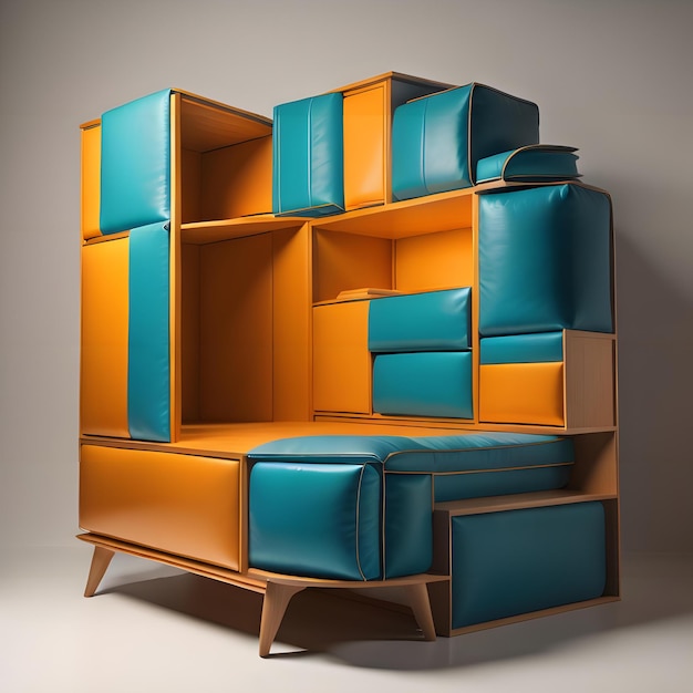 Foto estantería moderna con almohadas azules y naranjas generativa ai