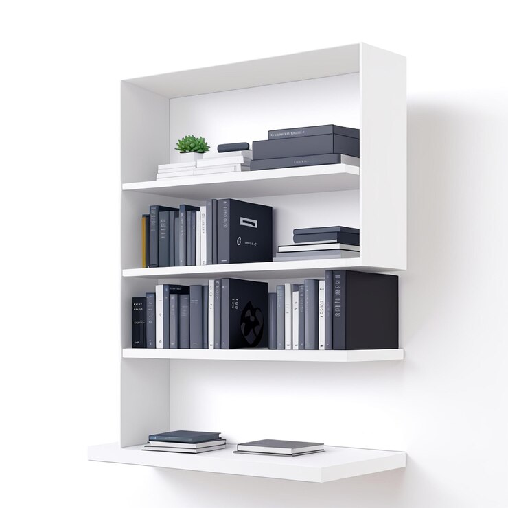 Estantería moderna minimalista sobre un fondo blanco prístino