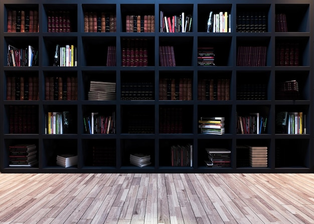 Foto estantería negra de diseño de biblioteca moderna con representación 3d realista de parquet de madera