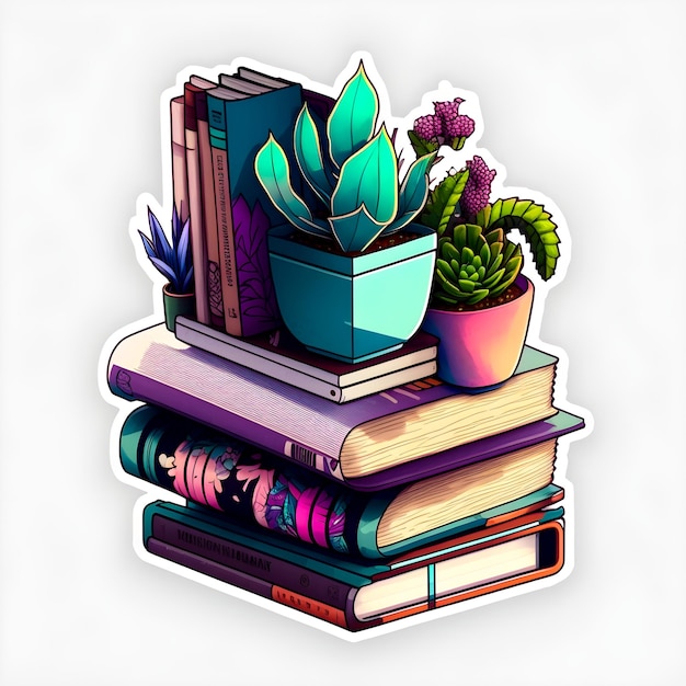 Estantería pila de libros diseño de pegatinas de plantas de interior