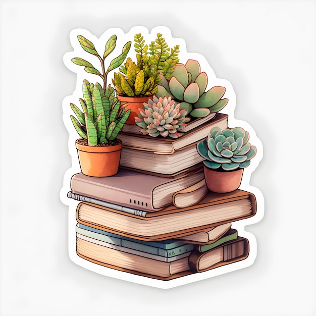 Estantería pila de libros diseño de pegatinas de plantas de interior