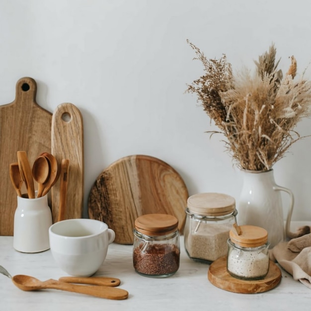 Estanterías de cocina con varios frascos de cerámica blanca y vidrio Estanterías abiertas en la cocina Interiores de cocina