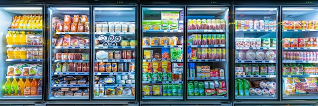 Las estanterías del congelador en la tienda de comestibles abastecidas de alimentos y bebidas La vista interior captura el refrigerador de vidrio