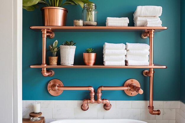 Estanterías flotantes de tubos de cobre en un baño boho