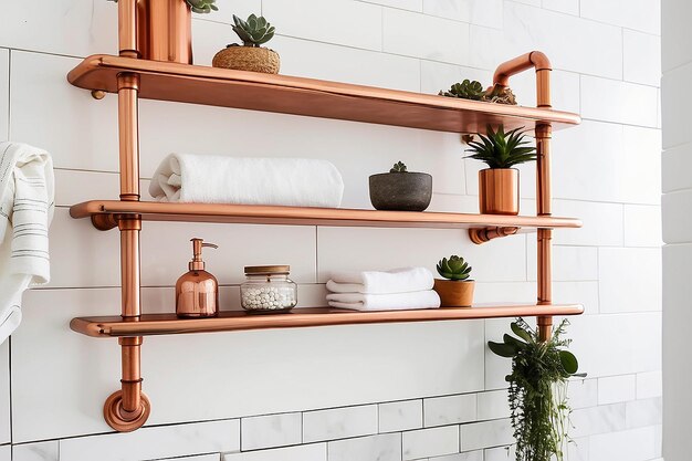 Estanterías flotantes de tubos de cobre en un baño boho