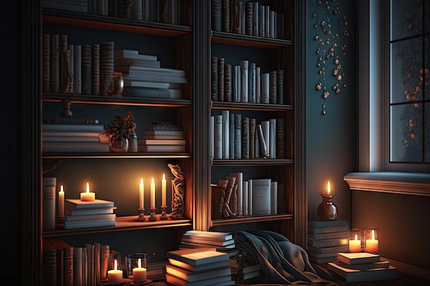 Estanterías llenas de libros y velas para un ambiente tranquilo y pacífico creado con IA generativa