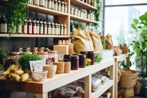 Las estanterías de madera con alimentos y artículos de cuidado personal sin plástico crean una compra ecológica