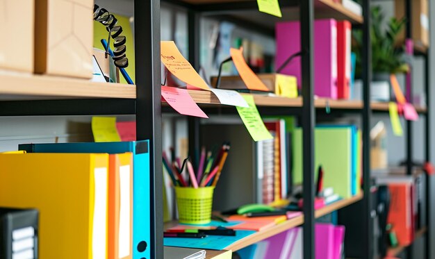 Estanterías de la oficina durante una sesión de lluvia de ideas creativas