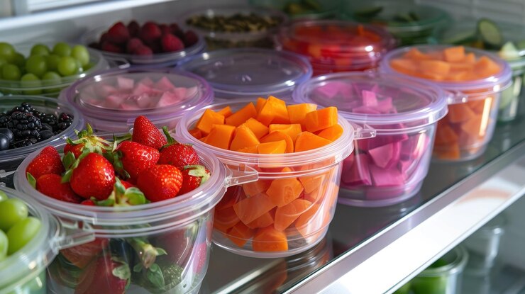 Las estanterías del refrigerador llenas de coloridos cuencos de frutas frescas ideales para comer saludablemente y preparar comidas