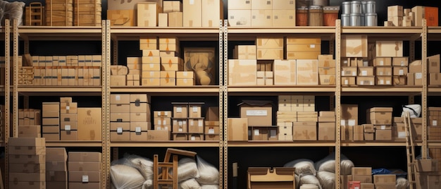 Estantes de almacén apilados con cajas de almacenamiento cuidadosamente organizadas