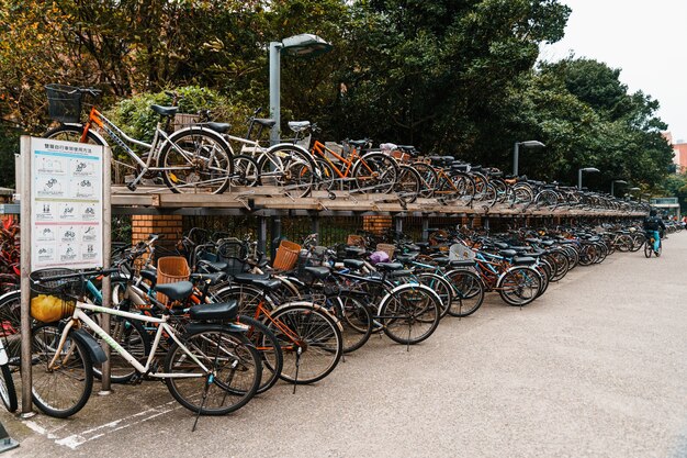 Estantes para bicicletas de dos pisos a lo largo de la acera en frente de la Universidad Nacional de Taiwán con gente caminando