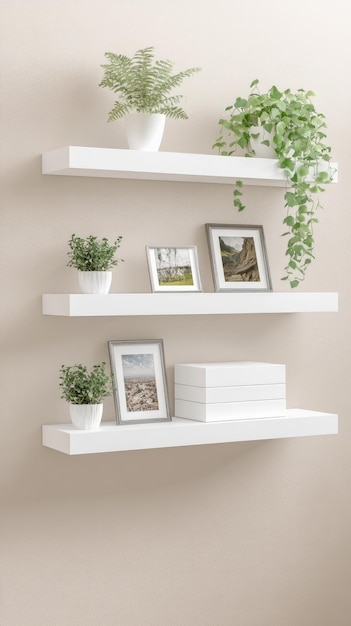 Estantes brancas elegantes melhoram a sala de estar moderna exibindo várias plantas que acrescentam vida e frescura ao interior aconchegante