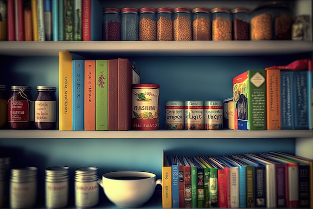 Estantes cheias de livros de culinária prontos para alguém experimentar novas receitas criadas com IA generativa