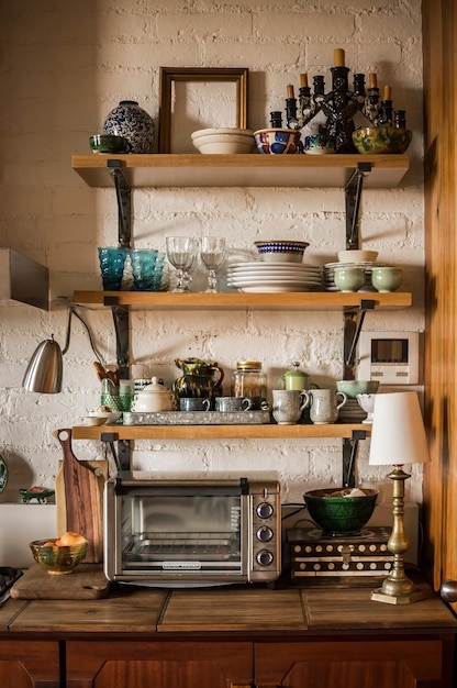 Estantes de cocina de estilo japonés de cocina moderna en roble de madera  natural