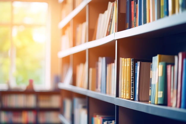 estantes com muitos livros na biblioteca fundo desfocado com janela