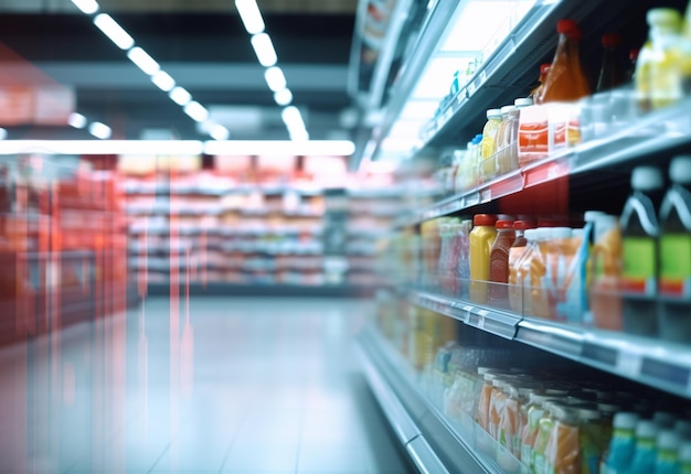 Estantes de compras borrosos en supermercados y grandes almacenes imagen realista diseño ultra hd alto