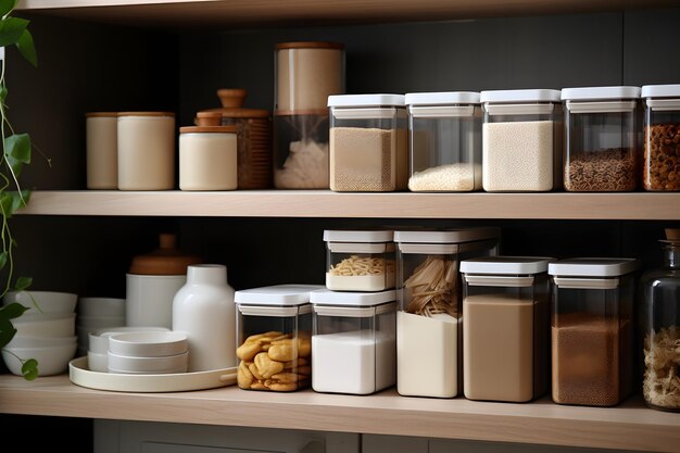 Estantes de armários de cozinha com recipientes bem dispostos com mantimentos e pratos.