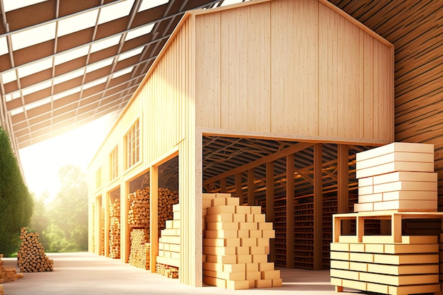 Estantes y estantes de madera en almacén para el almacenamiento de materias primas y carga