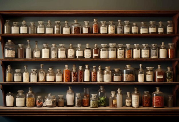Estantes de farmacia con diversos ingredientes curativos farmacia científica antigua con varias botellas de hierbas Generar ai