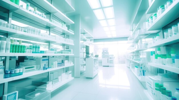 Estantes interiores de farmacia borrosos con medicamentos y productos sanitarios IA generativa