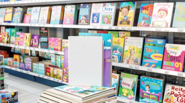 Estantes con libros infantiles en una librería simulada