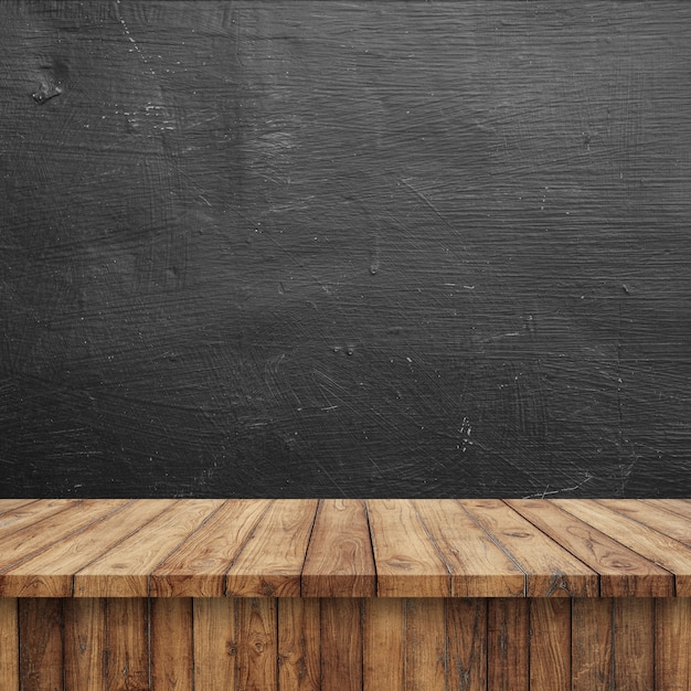 Estantes de madera superiores vacíos o tabla en fondo de la pared de la pizarra.