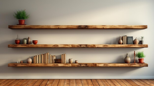 Estantes de madera vacíos en la pared blanca