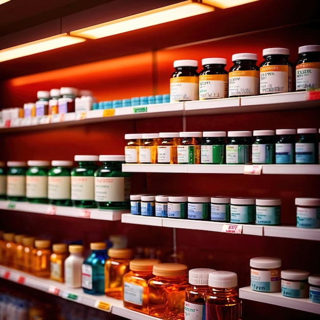 Foto estantes de medicamentos, medicamentos y pastillas almacenados en la farmacia para la venta