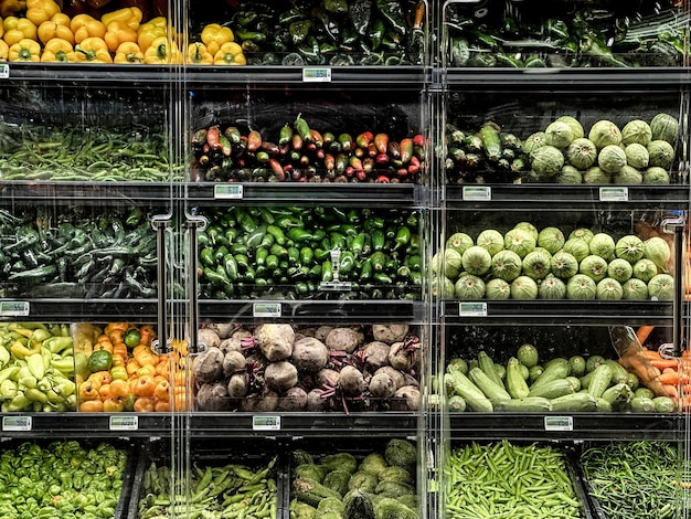 estantes del mercado llenos de verduras frescas