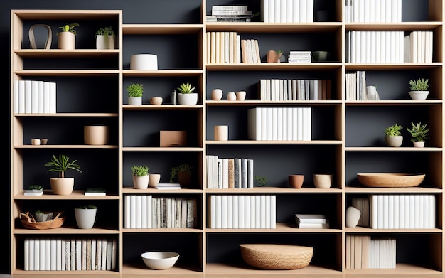 Estantes negros en la pared con macetas, libros, plantas y cajas en una sala de estar