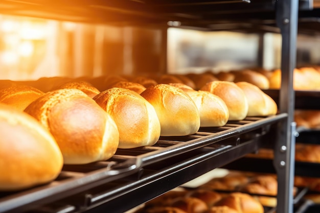 Foto estantes con panes horneados panes de baguettes de panadería comercial horneado de pan de cocina