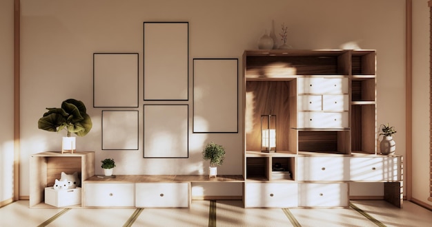 Estantes de la pared de la caja en la sala de estar tatami de estilo japonés y lámpara de decoración y plantas en la representación 3D de la habitación zen blanca