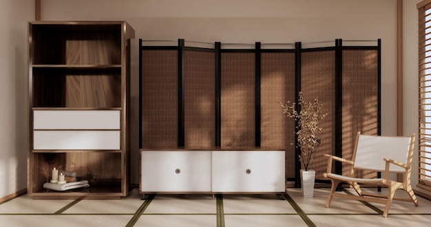 Estantes de pared de caja en la sala de estar tatami de estilo japonés y lámpara de decoración y plantas en la sala zen blanca representación 3D