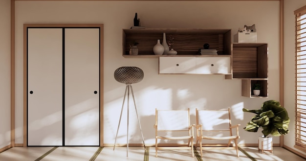 Estantes de pared de caja en la sala de estar tatami de estilo japonés y lámpara de decoración y plantas en la sala zen blanca representación 3D