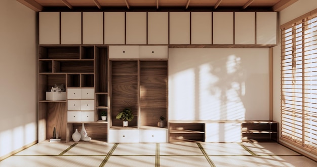 Estantes de pared de caja en la sala de estar tatami de estilo japonés y lámpara de decoración y plantas en la sala zen blanca representación 3D