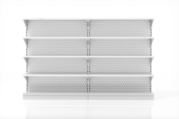 Estantes de supermercado vacíos con renderizado 3d de fondo blanco