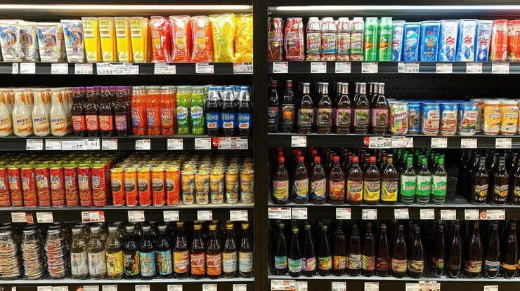 Estantes de supermercados llenos de varias bebidas y bocadillos