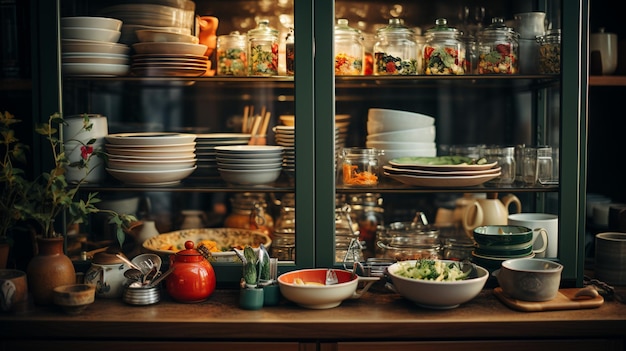 estantes vacíos de la cocina sobre la mesa de la cocina con una variedad de platos