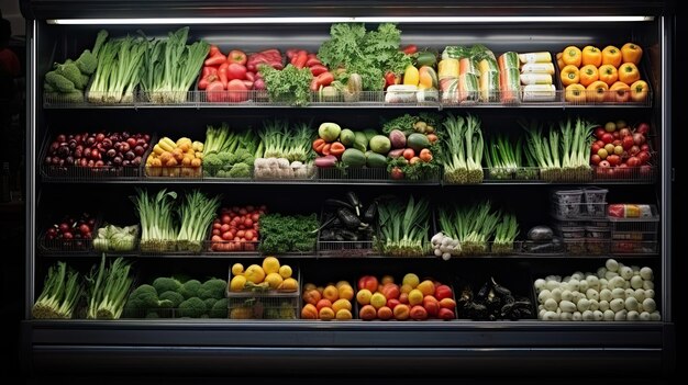 Foto estantes con verduras y frutas frescas en un refrigerador grande en una tienda de verduras