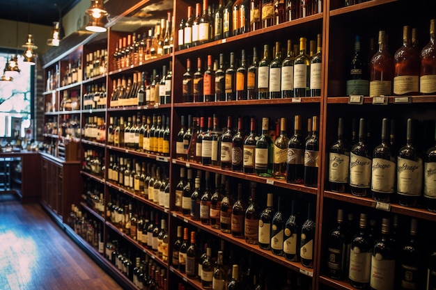 Estantes de vino en una tienda de vinos con un piso de madera generativo ai