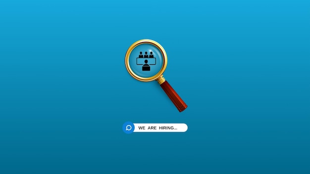 Estão a contratar um banner vetorial vermelho anúncio de vaga de empregado com uma lupa em azul