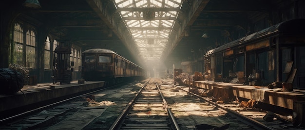 Estatina abandonada post apocalipsis paisaje panorama abandonado ultrawide arte destrucción trenes vacíos